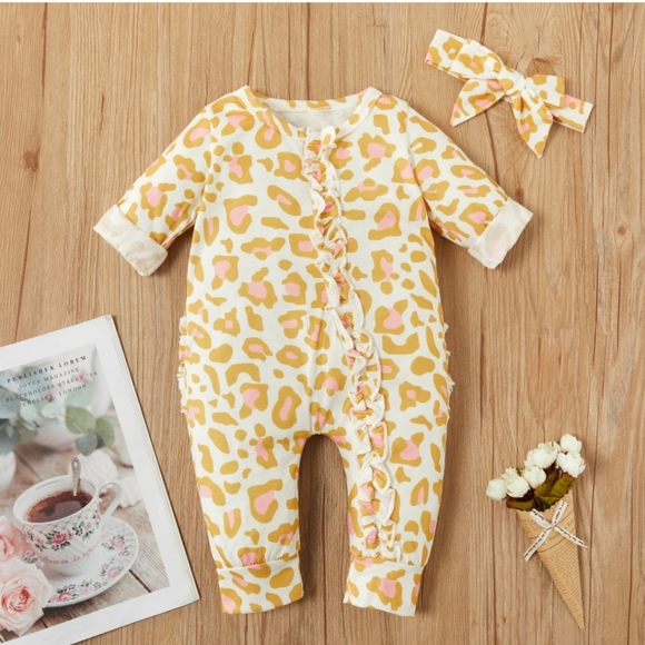 NWT 2pcs Baby Leopard Ruffled Jumpsuit/ Headband - Picture 1 of 6